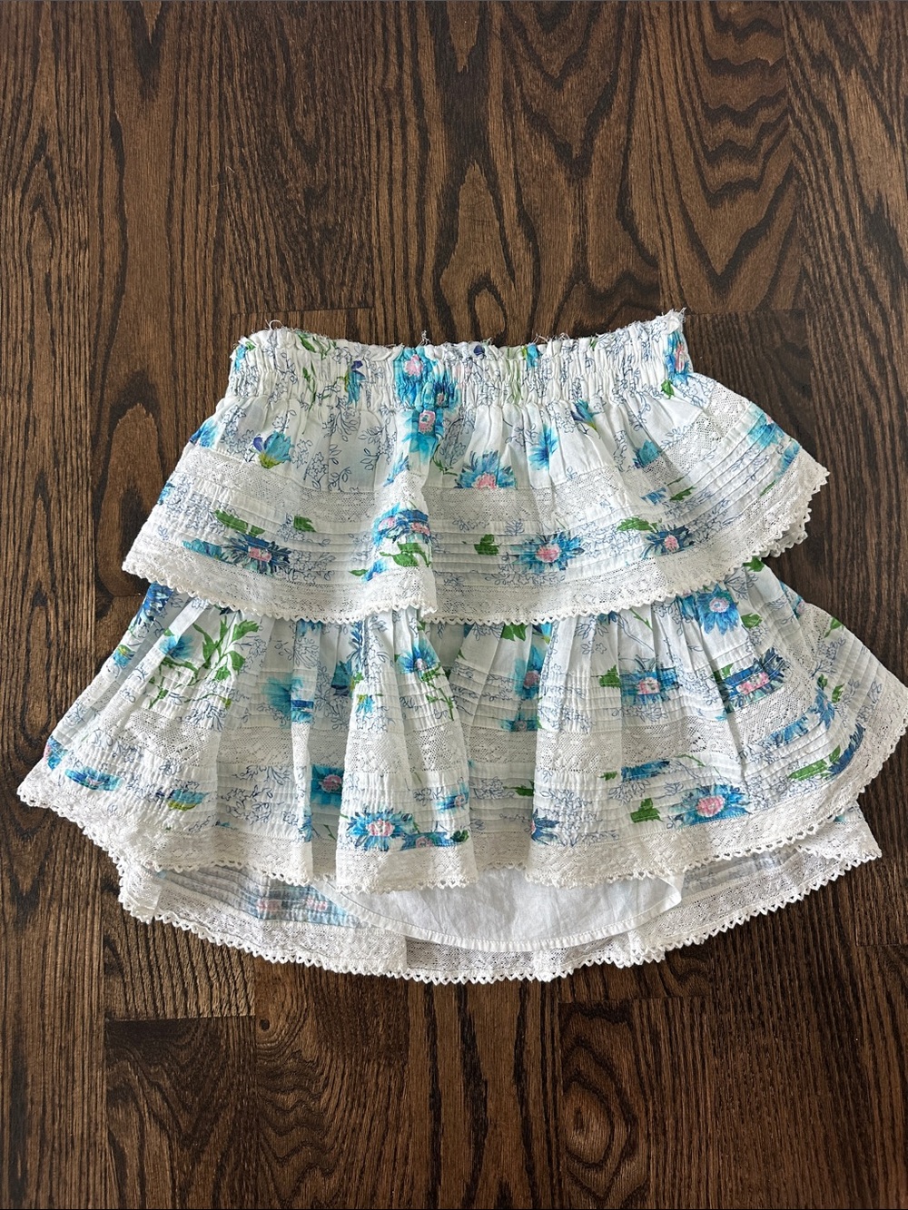 LoveShackFancy White Floral Ruffled Mini Skirt with Blue & Green Accents